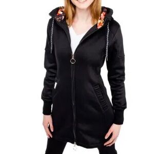 CELLABIE BLACK FULL ZIP COLORFUL LONG JACKET HOODIE WITH THUMBHOLES NWT Medium M